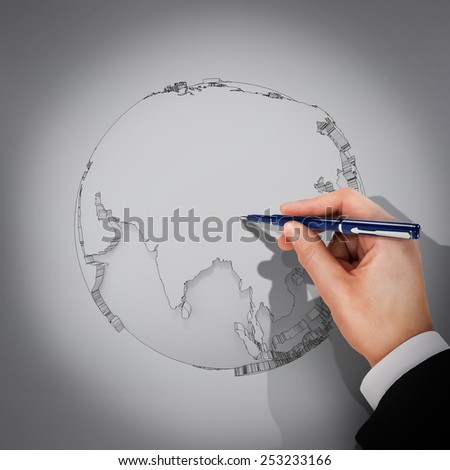 male hand with pen blueprint . Planet.  High resolution. 3D