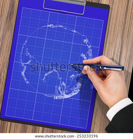 male hand with pen blueprint . Planet.  High resolution. 3D