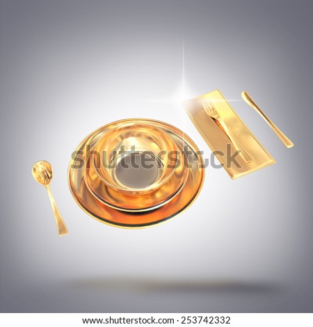 Gold set of dishes with appliances. High resolution.