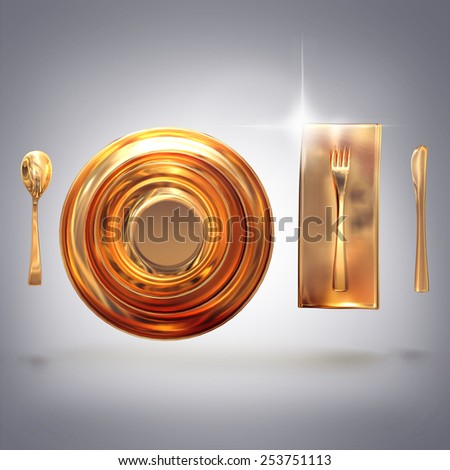 gold set of dishes with appliances. High resolution.