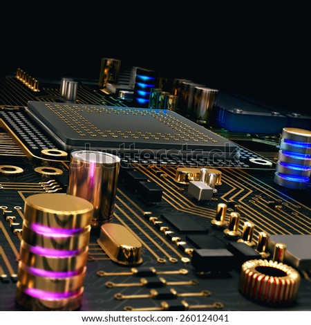 Electronic circuit chip on PC board.  High resolution.