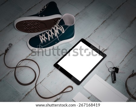 Every day carry man items collection: glasses, knife, shoes. High resolution.
