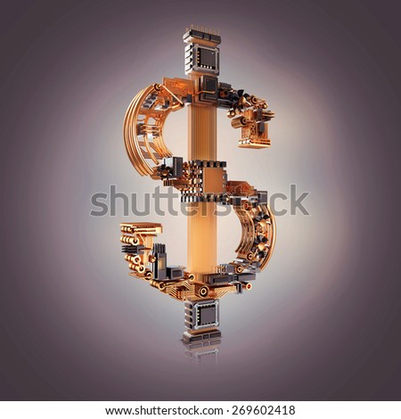 Business concept. Dollar currency symbol of microchips isolated on white background.  High resolution.