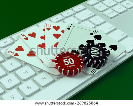 Cards and chips for poker on keyboard.  High resolution.