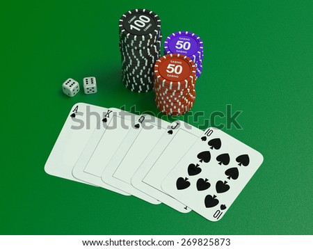 Cards and chips for poker on green table.  High resolution.