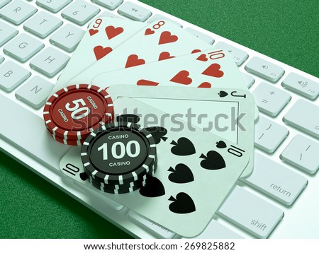 Cards and chips for poker on keyboard.  High resolution.