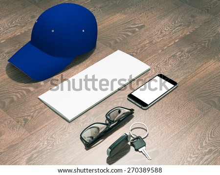 Every day carry man items collection: glasses, cap, key. High resolution.