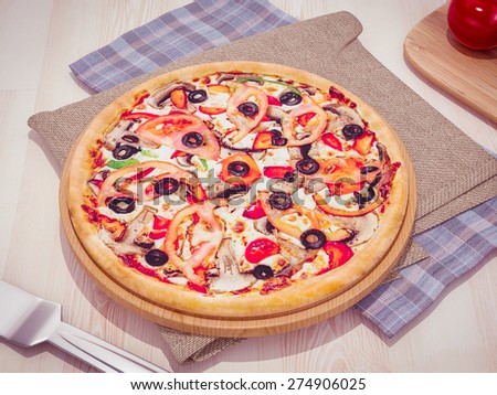 Mock up template pizza on a wooden table.  High resolution.