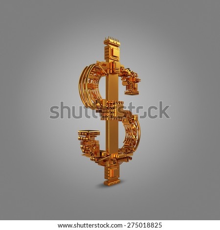 Business concept. Dollar currency symbol of microchips  on grey  background.  High resolution. 3D