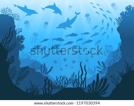 Underwater ocean fauna. Deep sea plants, fishes and animals. Marine seaweed, fish under water and animal silhouette with corals, algae seaweed cartoon vector background illustration