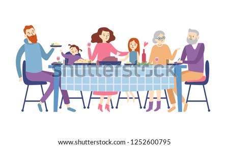 Family sitting at dining table. People eat festive food, holiday talking and family dinner reunion or eating christmas supper. Dining father mother, kids and grandparents flat vector illustration