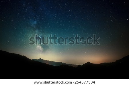 amazing night sky stars panorama with milky way on mountain background