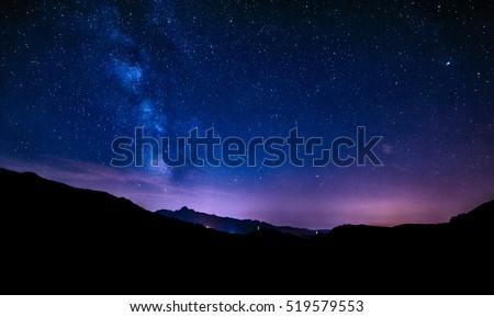 night sky stars milky way blue purple sky in starry night over mountains
