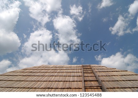 Ladder on a traditional Romanian wooden roof. A stairway to heaven, nice wallpaper and conceptual photography