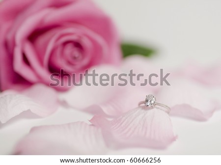An engagement diamond ring lying on flower petals, pink rose in the background, soft and light.