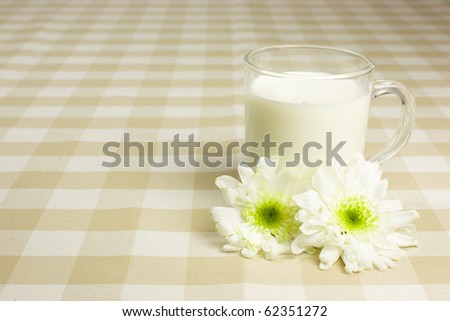 A glass cup with milk on table country like cloth  with two white flowers.