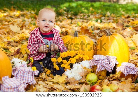 Baby boy in red shirt sitting among pumpkins in autumn garden