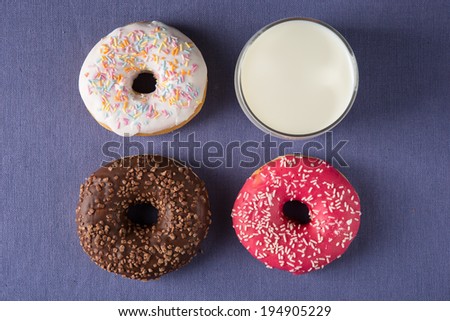 Donut with milk at violet background