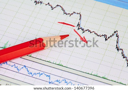 Downtrend financial market chart concept with red arrow. Selective focus