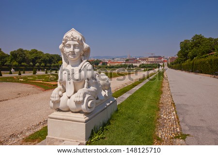 Sculpture of Sphinx (circa XVIII c.)  in the garden of Belvedere Palace. Vienna, Austria