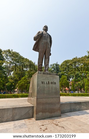 HANOI, VIETNAM - SEP 21, 2013: Monument (1982) to Vladimir Lenin in Hanoi city. Sculptor Tyurenkova. Statue was presented to Vietnam by communist party of USSR