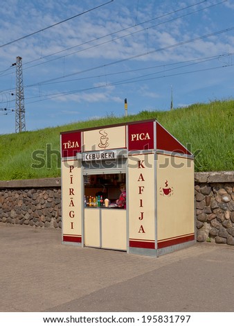 Riga, Latvia - May 25, 2014: Small food stall on the square near International Coach Terminal in Riga, Latvia