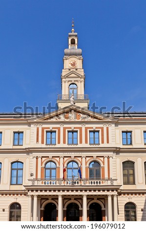 Belfry of City Council. Town Hall Square (Ratslaukums), historic center of Riga (UNESCO site), Latvia. Replica of XVIII c. Town Hall was made in 2003