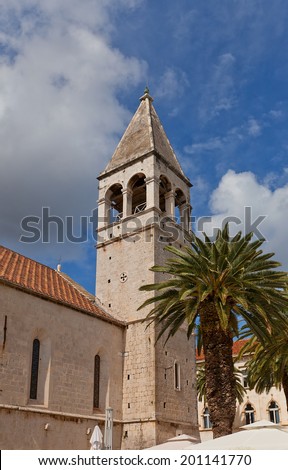 Belfry of Ascension of our Lord Jesus Christ church (circa 1451) of Dominican convent (founded 1064) in the historical center of Trogir, Croatia. World Heritage site of UNESCO