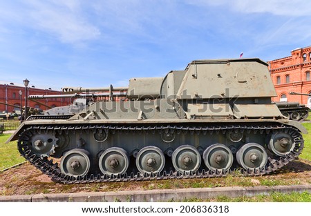 Russia, Saint Petersburg - July 12, 2014: Soviet 76 mm self-propelled gun SU-76M in Artillery Museum of Saint Petersburg. Was used during and after World War II