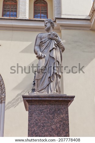 Statue of Peter the Apostle of Lutheran Church of St Peter and St Paul (circa 1838) in Saint Petersburg, Russia. UNESCO site