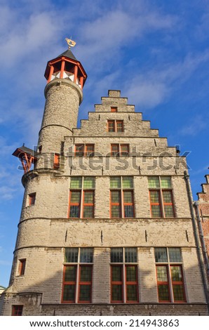GHENT, BELGIUM - DECEMBER 30, 2012: Tanners guild house named Toreken (circa 1450) in Ghent, Belgium. Nowadays has become the venue for many cultural exhibitions