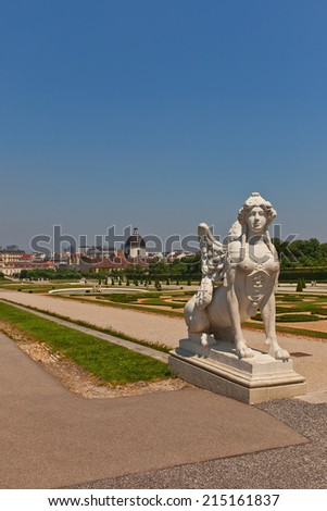 VIENNA, AUSTRIA - JUNE 20, 2013: Sculpture of Sphinx (circa XVIII c.)  in the garden of Belvedere Palace of Vienna, Austria