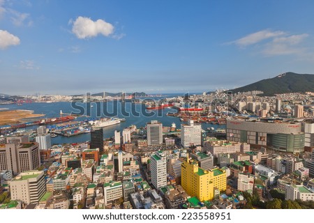 BUSAN, SOUTH KOREA - SEPTEMBER 25, 2014:  View of Busan city and port from Busan Tower