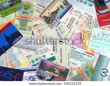 MOSCOW, RUSSIA - DECEMBER 28, 2014: Background of city public transport tickets of different countries