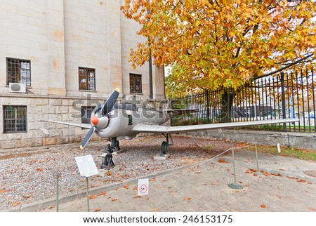 WARSAW, POLAND - OCTOBER 20, 2014:  Polish trainer aircraft PZL TS-8 Bies in Museum of Polish Army in Warsaw, Poland. Used from 1957 to the 1970s by the Polish Air Force and civilian aviation