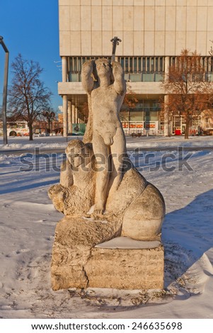 MOSCOW, RUSSIA - JANUARY 06, 2015: Limestone sculpture The Birth of a New Era in Muzeon Art Park in Moscow, Russia. Sculptor Bondarenko, 2000
