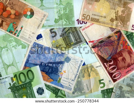 French banknotes (franc) and European currency (Euro) background