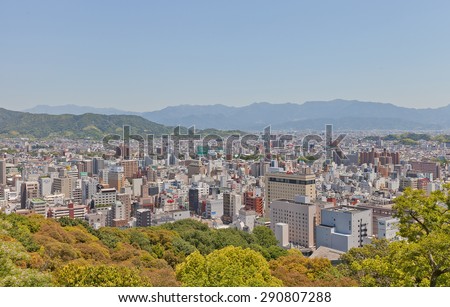 MATSUYAMA, JAPAN - MAY 21, 2015: View of Matsuyama town from the site of Matsuyama Castle, Japan. Capital city of Ehime Prefecture and the largest city of Shikoku Island