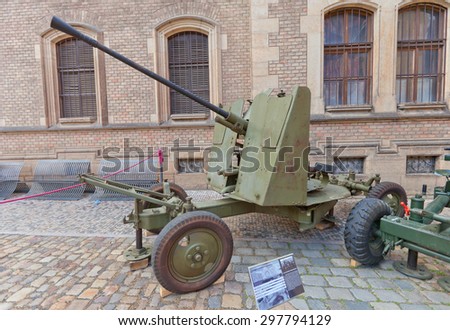 PRAGUE, CZECH REPUBLIC - MAY 07, 2015: Soviet 37 mm automatic air defense gun M1939 (61-K) at St. George Square in Prague. Used by Czechoslovak Army during WWII