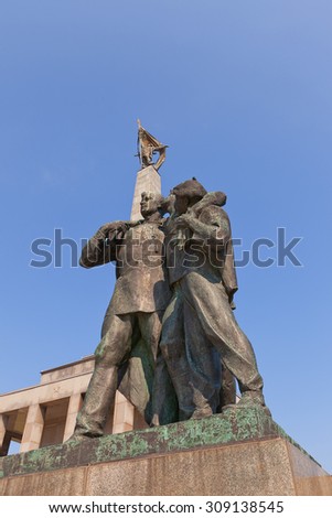 BRATISLAVA, SLOVAKIA - AUGUST 22, 2015: Right sculpture group of Slavin war memorial (circa 1960) for Soviet soldiers who fell in WWII. National Cultural Monument of Slovakia. Sculptor Jan Kulich