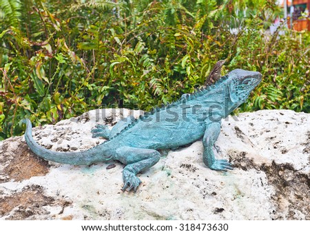 GEORGE TOWN, CAYMAN ISLANDS - SEPTEMBER 16, 2015: Small lizard sitting on the sculpture of iguana in Camana Bay paseo in George Town of Grand Cayman, Cayman Islands (British Overseas Territory)