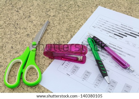 Max stapler scissors paper chart and pens