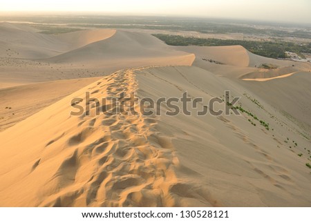 some people walking up to the top of a sand dune, having gone a long way through the sand.