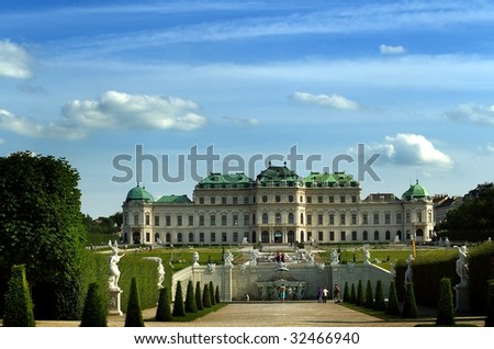 Huge castle with big garden in sunny day, Belveder in Vienna, Austria