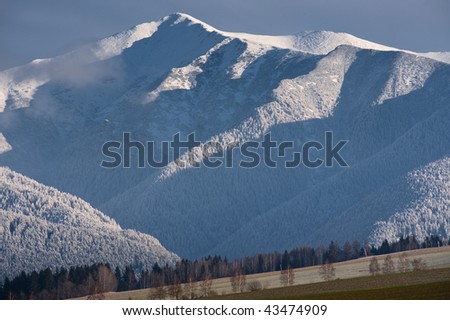 green field and white mountains with snow in the beginning of winter