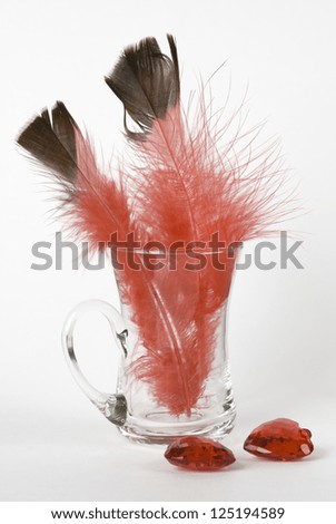 two scarlet feather in a glass cup and couple of transparent red hearts on a white background