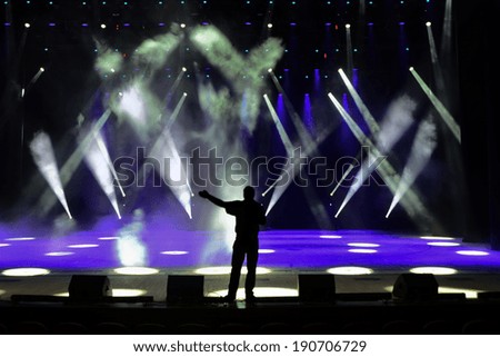 Singing man silhouette on a brightly lit concert stage