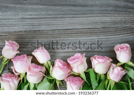 Vertical border of pink roses on a old gray boards