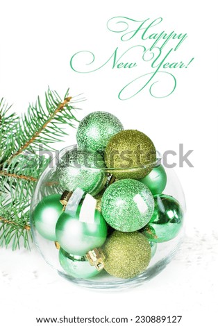 Greeting card with space for text, christmas balls in round glass vase