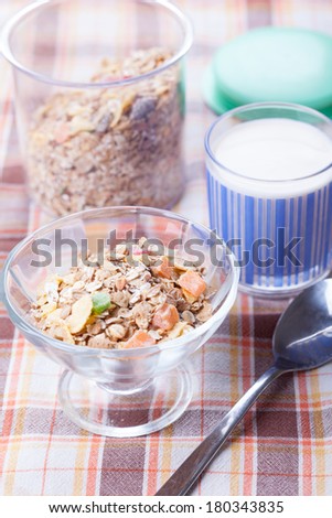 Muesli with boiled fermented milk breakfast served for one person